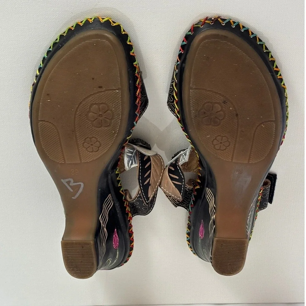 Elite‎ by Corkys Cactus Floral Leather Wedge Sandals Black Art US 9 EU 39